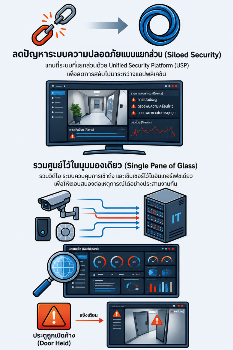 AI-powered unified security dashboard showing real-time monitoring of video surveillance, access control, and alarm systems in one interface